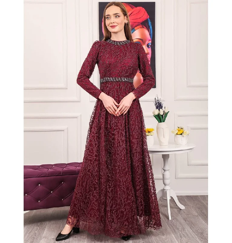 Modest Formal Shimmery Vine Dress G492 Red