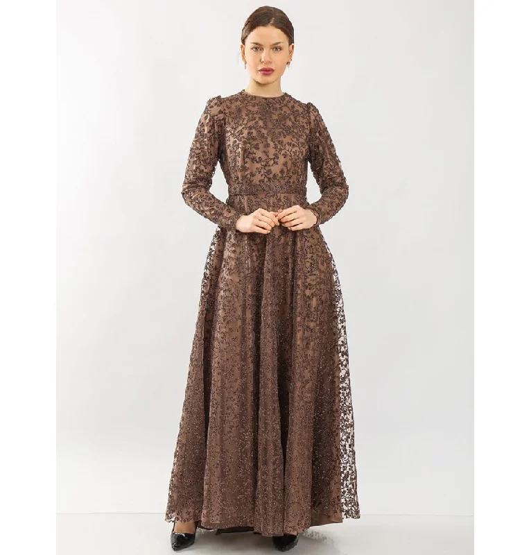 Modest Formal Vine Dress G481 Brown