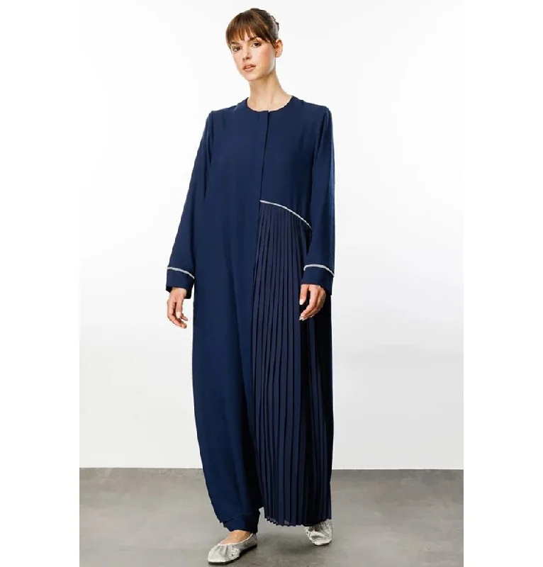 Modest Muslim Women’s Pleated Accent Abaya Dress - 241848 Navy Blue