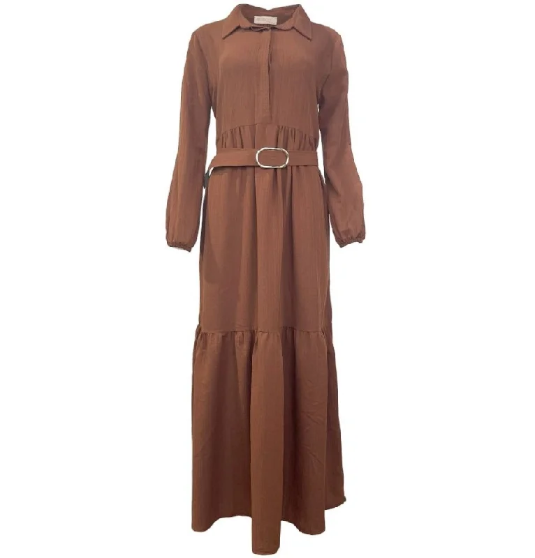 Modest Women's Dress - Striped Brown