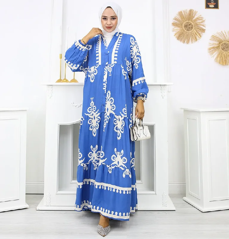 Modest Women's Summer Florya Dress - Blue & White