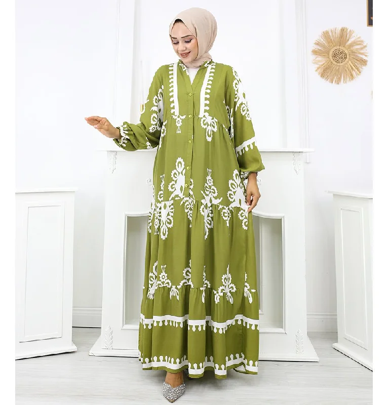 Modest Women's Summer Florya Dress - Green & White