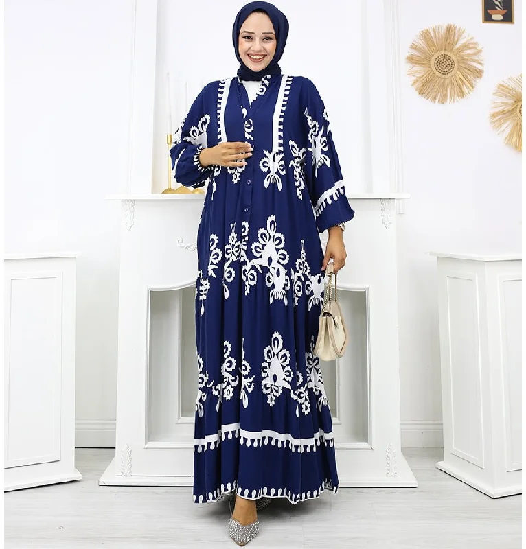 Modest Women's Summer Florya Dress - Navy Blue & White