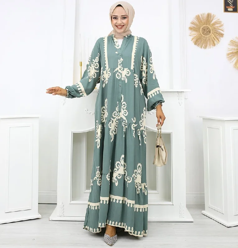 Modest Women's Summer Florya Dress - Teal & Cream