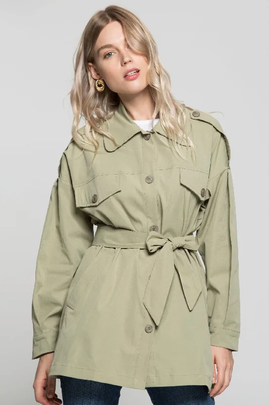 Olive Green Solid Jacket Dress and Tie Up Belt