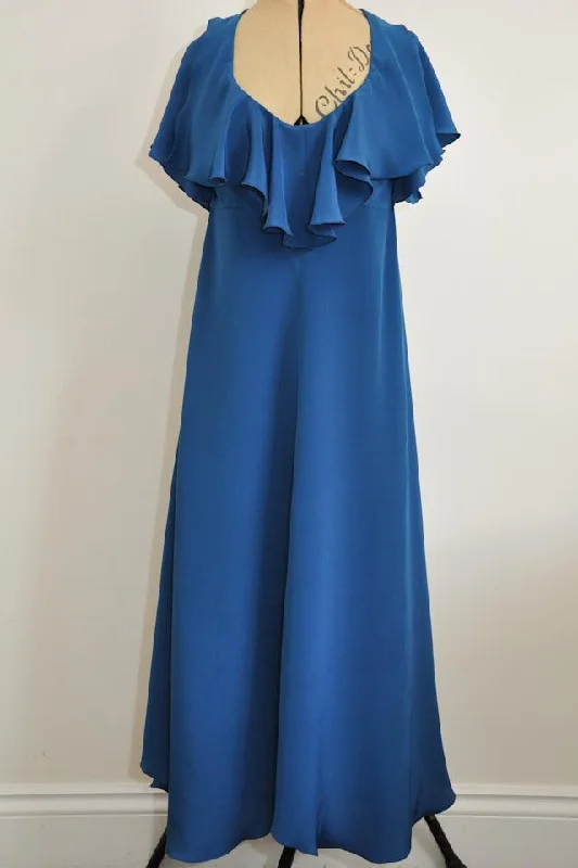 Peacock Blue Silk Ruffle Halter Neck Dress, Made To Order