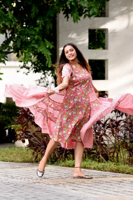 Pink Jaipuri Cotton Dress with Flared Tie-Up Jacket