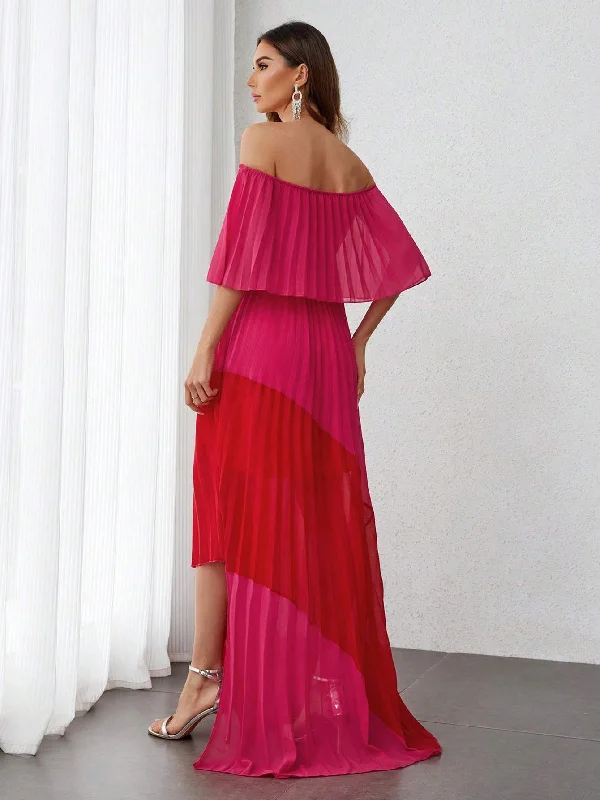 ROSE RED OFF THE SHOULDER PLEATED CHIFFON PROM DRESS