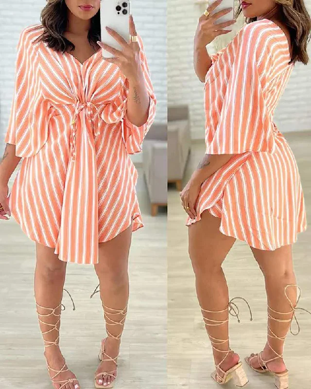 STRIPED TIED DETAIL CASUAL DRESS