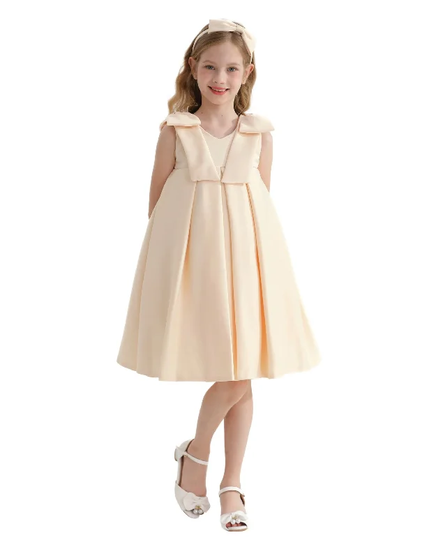 Champagne Gold Palermo Satin Bow Pleated Dress