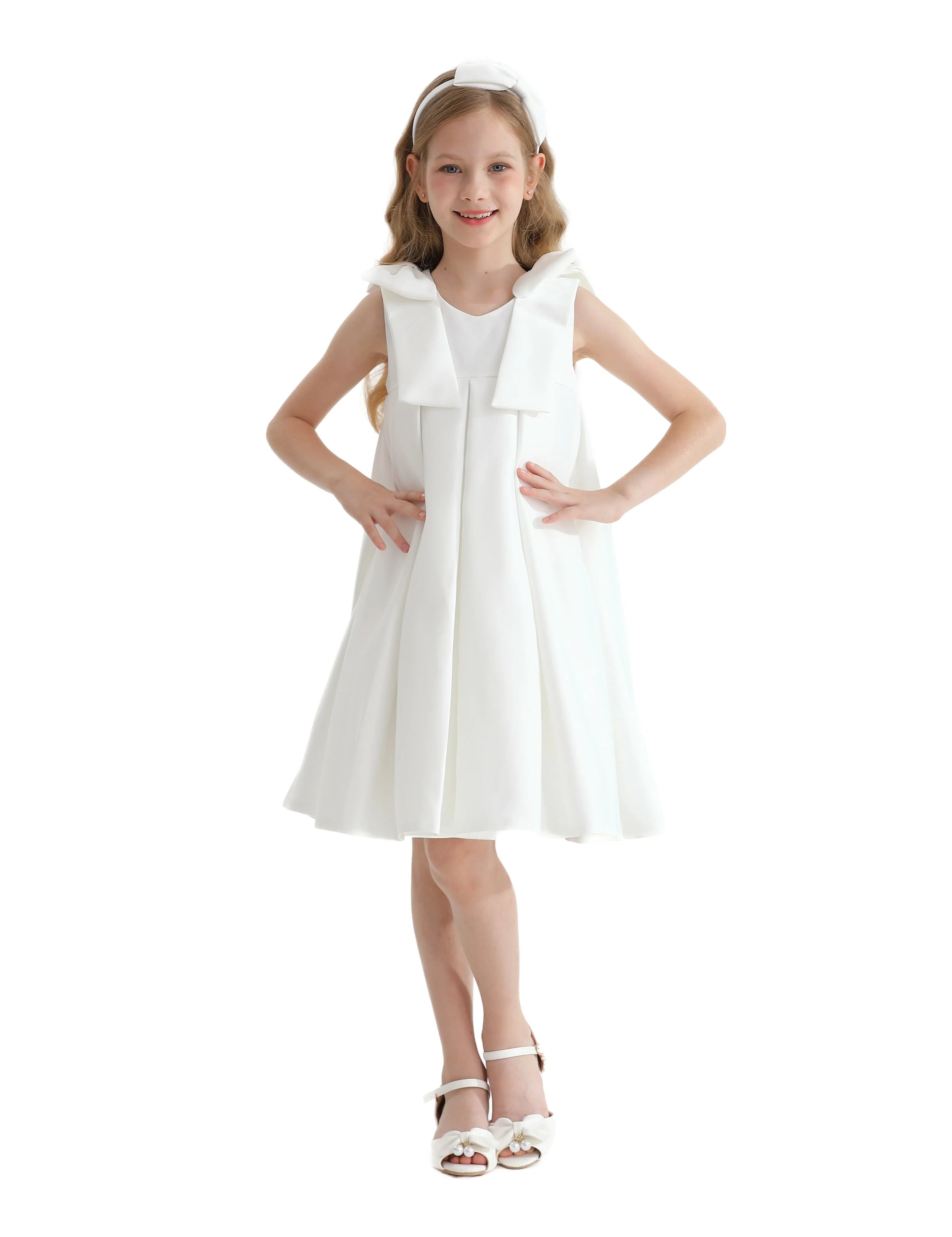 Ivory Palermo Satin Bow Pleated Dress