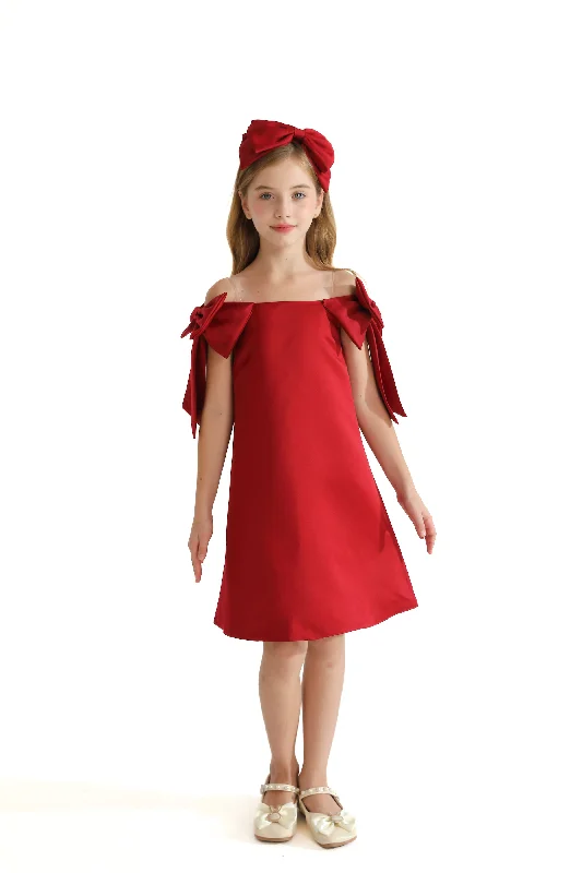 Red Luneta Off Shoulder Bow Dress