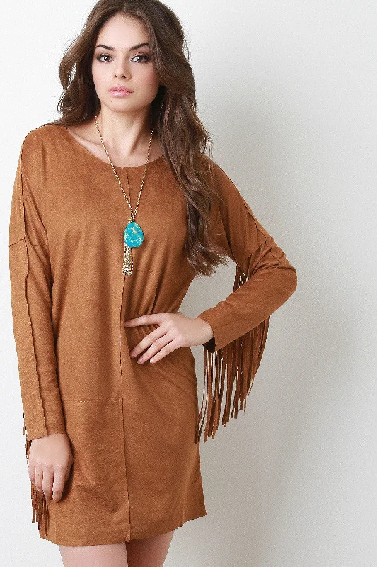 Fringe Sleeve Suede Shift Dress