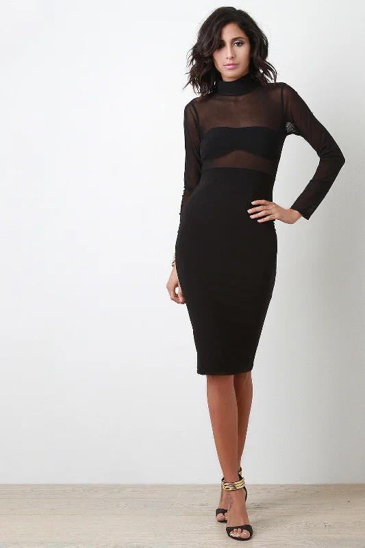 Twofer Mock Neck Mesh Dress