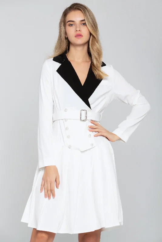 White and Black Collar Pearl Button-detail Blazer Dress