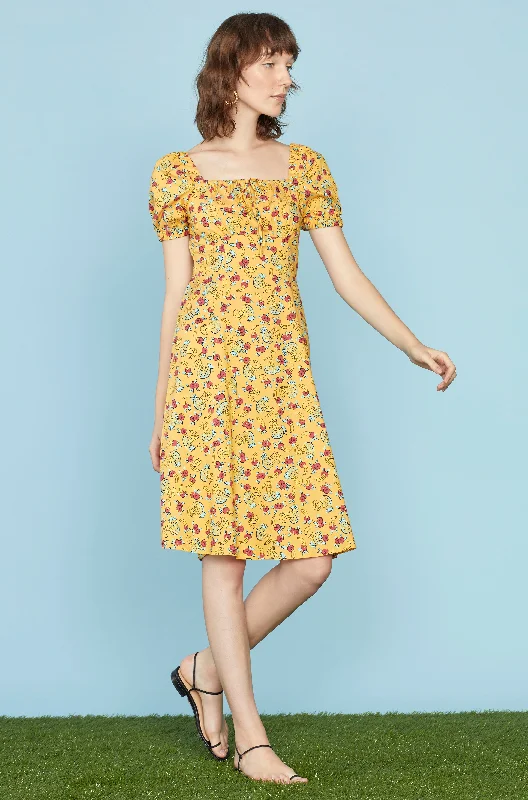 Yellow Tropical Fruit Holland Bow Tie Cotton Dress