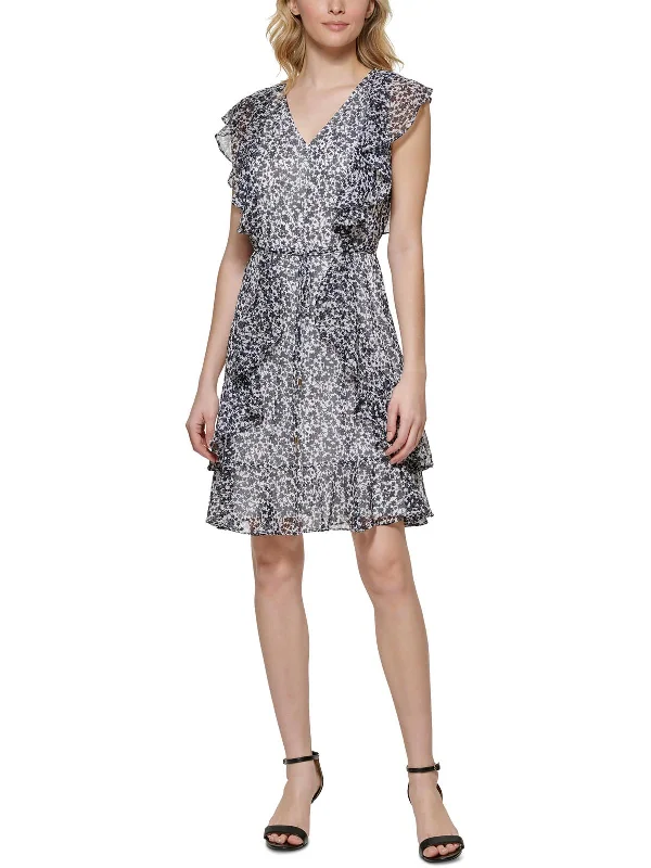 Petites Womens Floral Print Mini Fit & Flare Dress