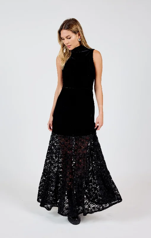 At Dusk Velvet Lace Contrast Maxi Dress, Black