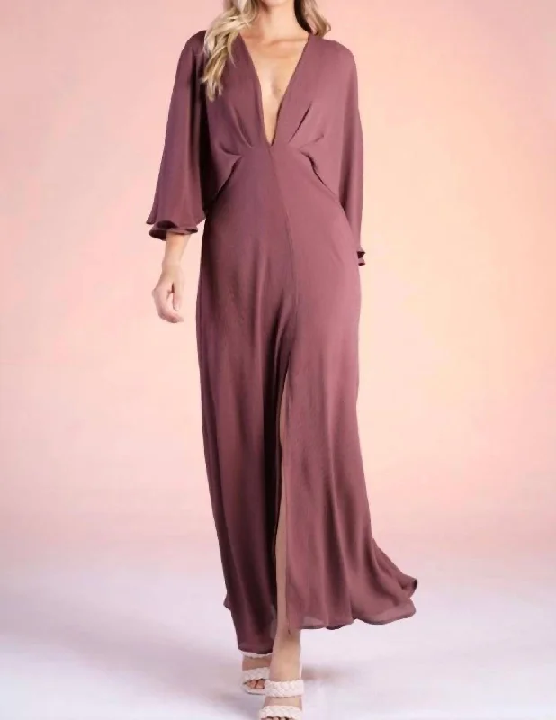 Crinkle Solid Cape Maxi Dress In Plum