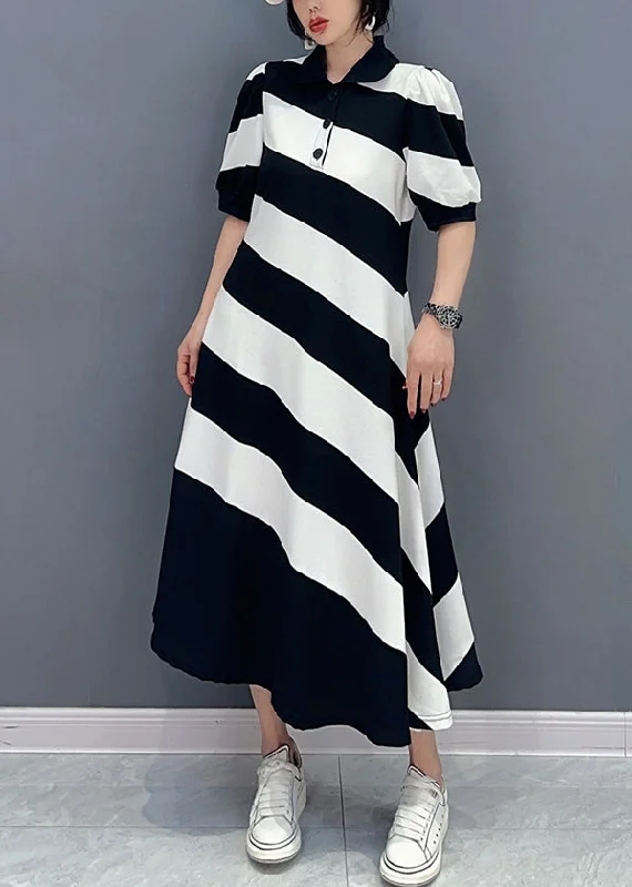 Cute Black White Striped Peter Pan Collar Patchwork Long Dress Short Sleeve