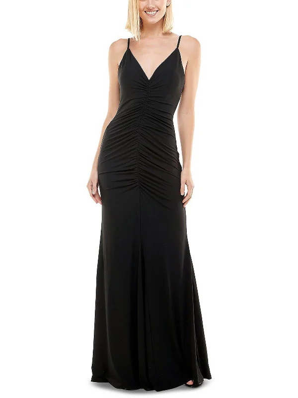 Juniors Womens Ruched Maxi Evening Dress