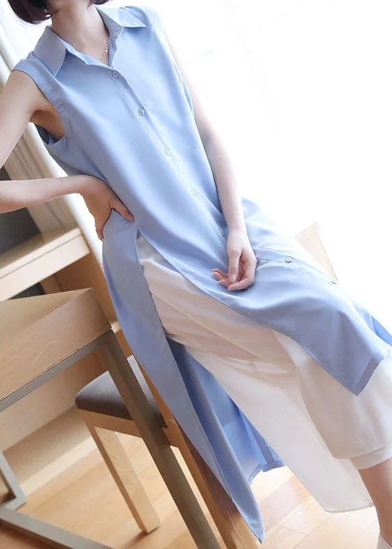 Organic Light Blue Oversized Side Open Chiffon Long Shirts Summer LY1465