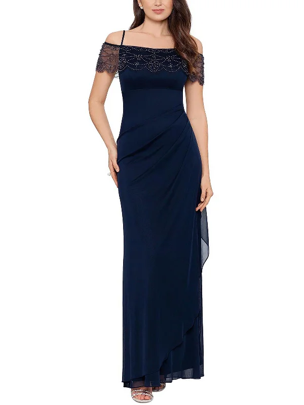 Petites Womens Overlay Long Evening Dress