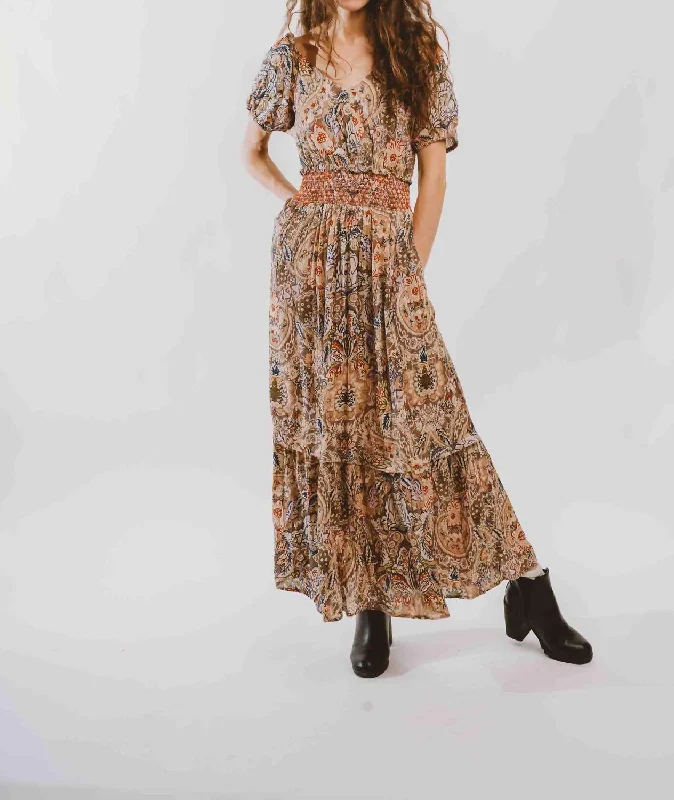 Smocked Waist Tiered Maxi Dress In Paisley Print