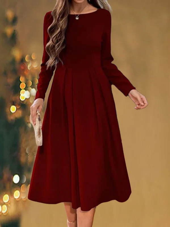 Women Simple Red Long Sleeve Formal Fitted Evening Occassion Long Dress PJ46