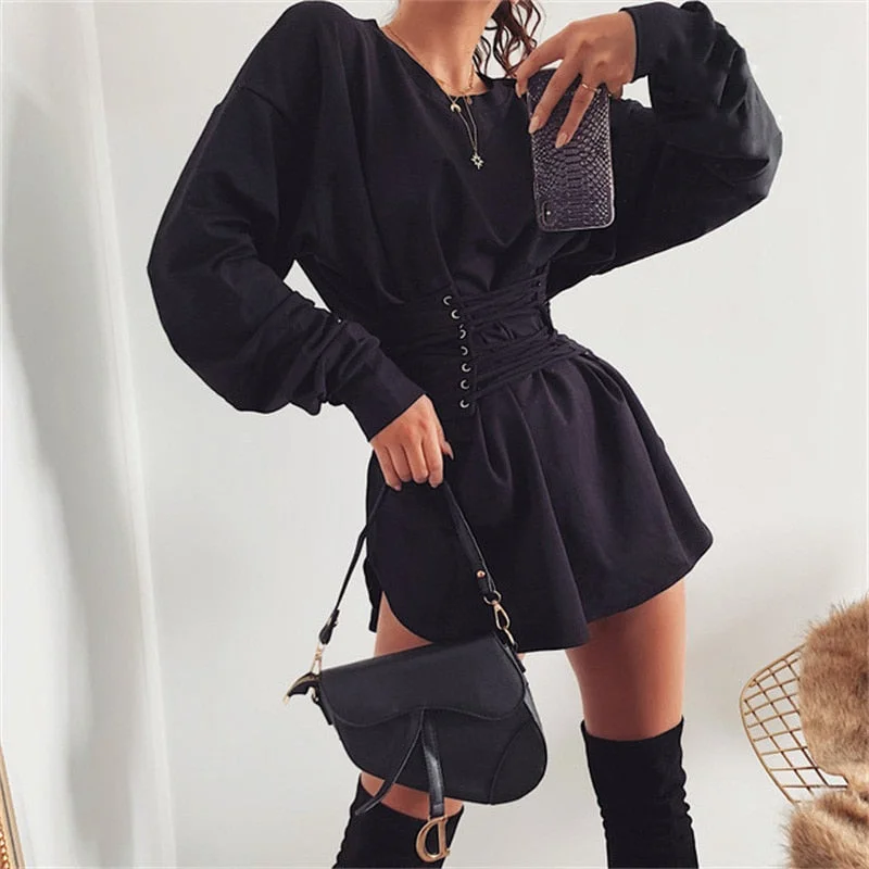 Women's Autumn Casual Long Sleeve A-Line Dress With Belt