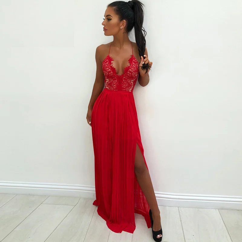 Women's Summer V-Neck Lace High-Waist Long Dress