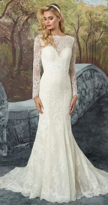 Justin Alexander Chantilly Lace Fit and Flare with Illusion Sleeves