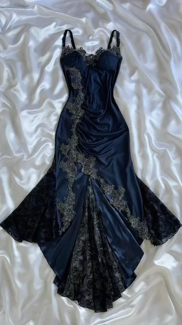 Navy Vintage Appliques Lace Charming Formal Evening Dress, DP2507