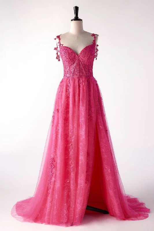 Off the Shoulder Hot Pink Lace A-line Formal Dress