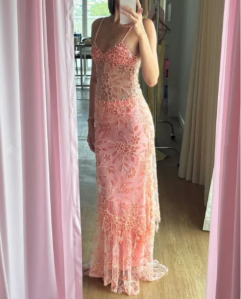 Pink Spaghetti Straps Lace Beading Gorgeous Mermaid Evening Dress, DP2261