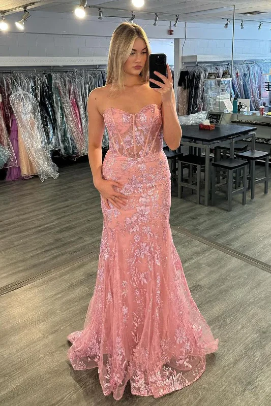 Pink Sweetheart Strapless Lace Mermaid Long Prom Dress, DP2137