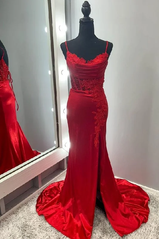 Scoop Red Lace and Satin A-line Long Formal Dress