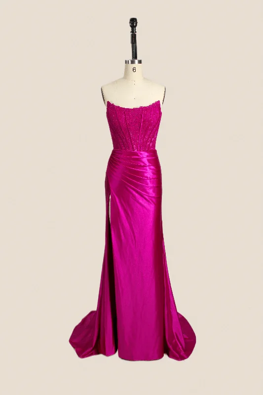 Strapless Fuchsia Lace Medrmaid Formal Dress