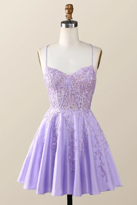 Straps Lavender Lace Appliques A-line Short Dress