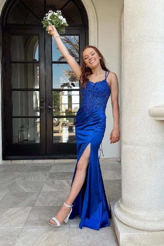 Straps Royal Blue Lace Mermaid Formal Dress