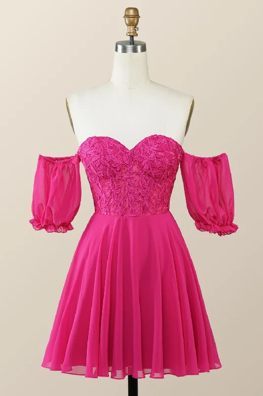 Sweetheart Hot Pink Lace and Chiffon Short Dress