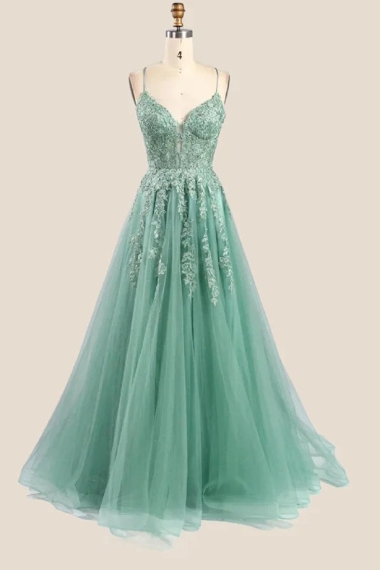 Turquoise Lace Appliques Straps A-line Long Formal Dress